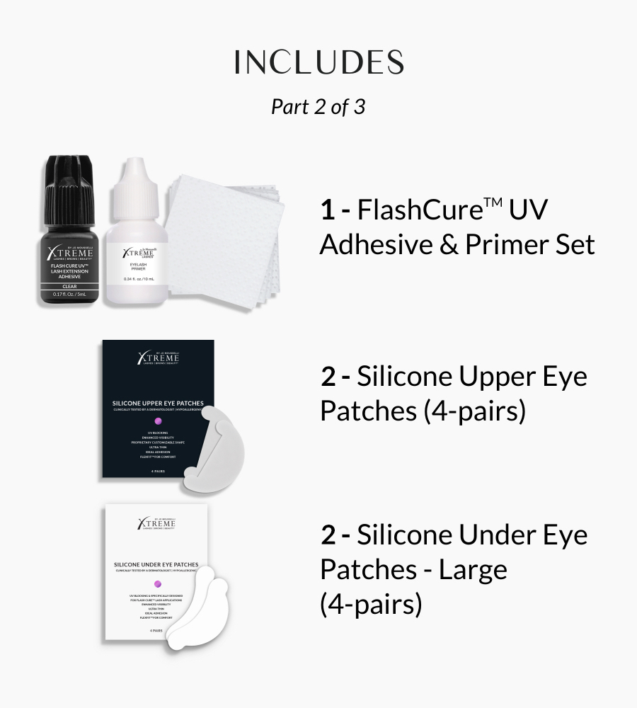 This section illustrates the adhesive and eye patch components of the kit, featuring 1- FlashCure™ UV Adhesive & Primer Set, 4- Silicone Upper Eye Patches (4-pairs), and 4- Silicone Under Eye Patches (4-pairs). The visual elements correspond to the listed items for lash preparation and application.