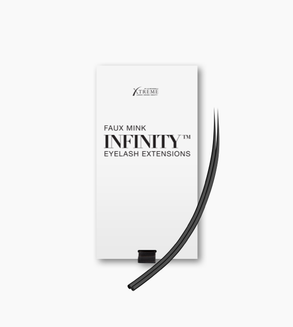 Product card for Xtreme Lashes Infinity™ Flat Lashes, featuring the white package, black text, and a single black lash extension strip curved around the side.