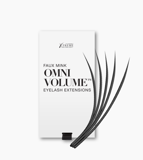 Product card for Xtreme Lashes Omni Volume™ lash extensions, featuring the white package, black text, and a fan of black volume lashes curved around the side.